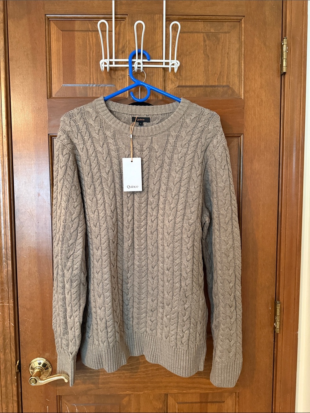 Quince Men's Cable-Knit Crewneck Sweater in Taupe